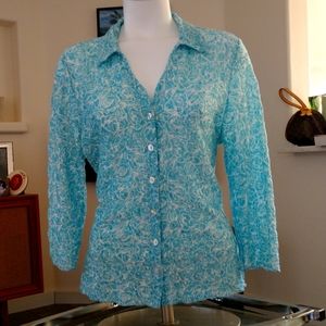 Women's button front 3/4 sleeves, collared shirt in blue lace fabric